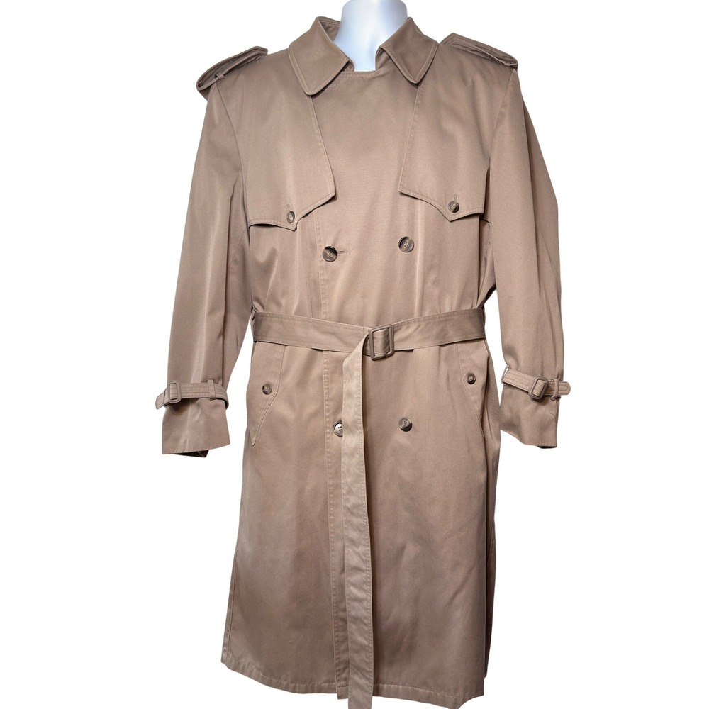 Towne London Fog Mens Khaki Double Breasted Trench Coat with Zip Out Liner Tan